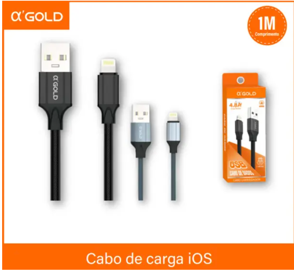 CABO USB PARA TIPO LIGHTNING TURBO 1M 5.0A  A'GOLD CB04-2*