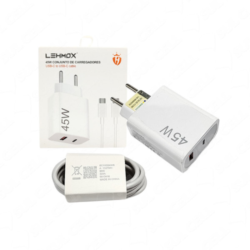 CARREGADOR COMPLETO TIPO C 45W COM DUAS ENTRADAS USB E TIPO-C PARA TIPO-C LEHMOX LE-405 * - Imagem 2