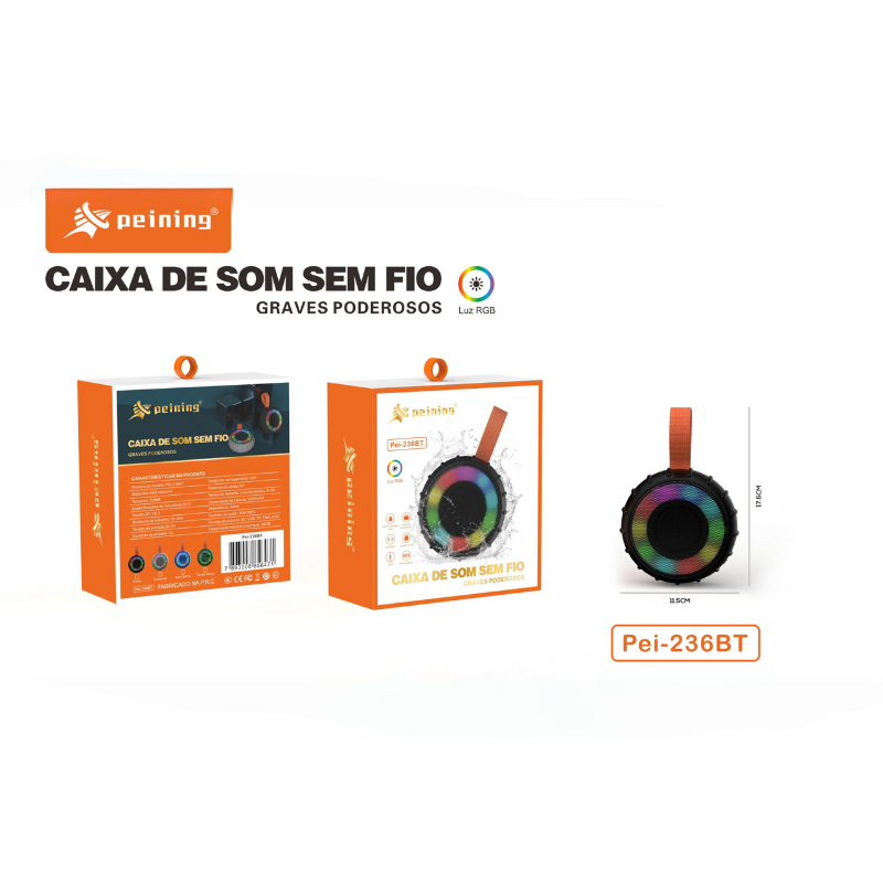 CAIXA DE SOM PEINING PEI-236BT - LED, IPX6, BLUETOOTH 5.3 E RECARREGÁVEL