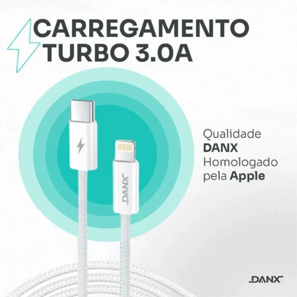 CABO COM 15 MESES DE GARANTIA PARA IPHONE TIPO LIGHTNING TURBO 1.2M DANX DU601L - Imagem 2