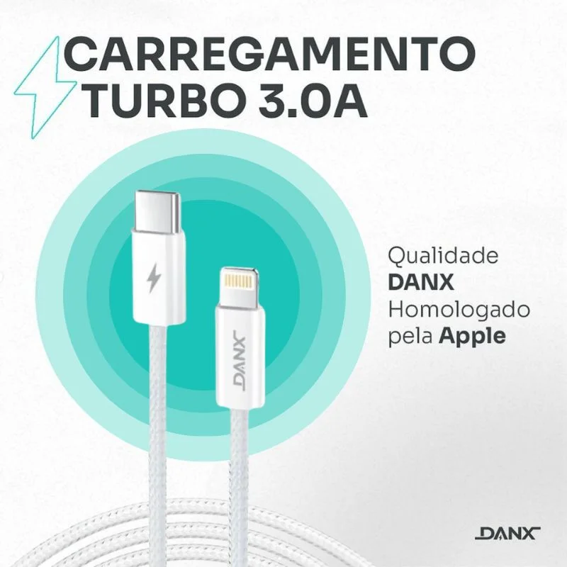 CABO COM 15 MESES DE GARANTIA PARA IPHONE TIPO LIGHTNING TURBO 1.2M DANX DU601L - Imagem 2