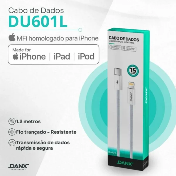 CABO COM 15 MESES DE GARANTIA PARA IPHONE TIPO LIGHTNING TURBO 1.2M DANX DU601L