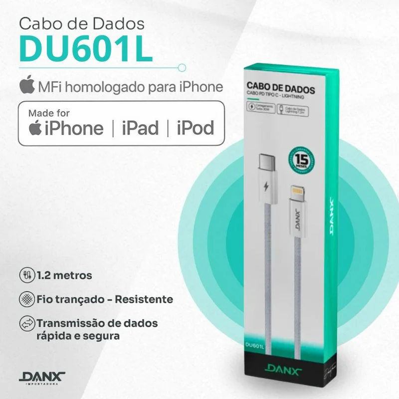 CABO COM 15 MESES DE GARANTIA PARA IPHONE TIPO LIGHTNING TURBO 1.2M DANX DU601L
