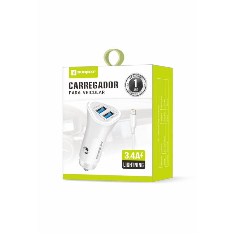 KIT CARREGADOR VEICULAR SUMEXR SX-C20-I6 2USB 3.4A 2 EM 1 *