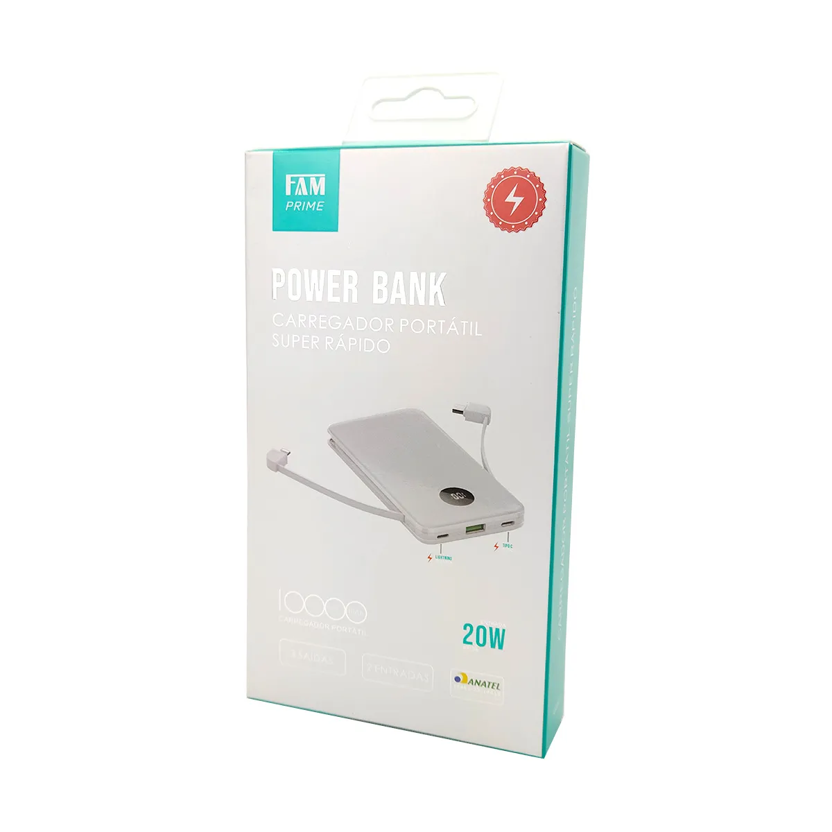 BATERIA PORTÁTIL FAM PRIME L10051 POWER BANK 10000MAH 2USB / MICRO / TIPO-C BRANCO - Imagem 2